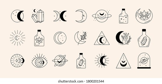 Vector abstract logo design template in trendy linear minimal style - sun, moon and stars - abstract symbol for cosmetics and packaging, jewellery, hand crafted or beauty products