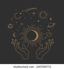 Vector abstract logo design template in trendy linear minimal style - hands, moon. sun planets and stars - abstract symbol for cosmetics and packaging, jewellery, hand crafted or beauty products