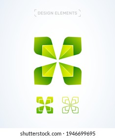 Vector abstract logo design template. Eco leaves, letter X, clover, 3d style