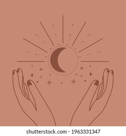 Vector abstract logo design template in trendy linear boho style. Women hands, moon, sun and stars. Design for cosmetics and packaging, jewellery, hand crafted or beauty products
