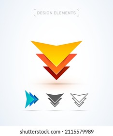 Vector abstract logo design template. Three elements sign collection. App icon. Letter V. Arrow. Download sign