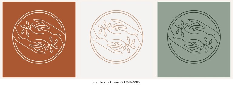 Vector abstract logo design template in trendy linear minimal style - hands and leaf - abstract symbol for cosmetics and packaging, jewellery, hand crafted or beauty products