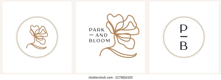 Vector abstract logo design template in trendy linear minimal style - flower and letter - abstract symbol for cosmetics and packaging, jewellery, hand crafted or beauty products
