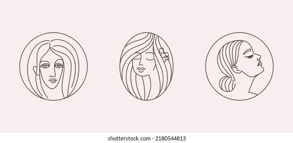 Vector abstract logo design template in linear minimal style, emblem for beauty studio and cosmetics - female portrait, beautiful woman's face - badge for make up artist, fashion stylist, for natural 