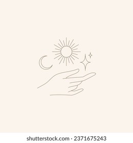 Vector abstract logo design template in trendy linear minimal style - hands, moon and stars - abstract symbols for cosmetics and packaging, jewelry, handicrafts or beauty products