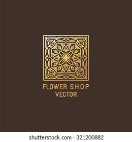 Vector abstract logo design template in trendy mono line style - emblem for organic cosmetics, florist studios, flower shops - made in golden foil on dark background