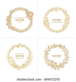 Vector abstract logo design template with copy space for text in trendy linear style - set of floral wreaths and borders for packaging, cosmetics, invitations and banners