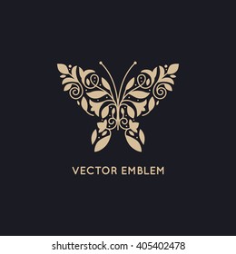 Vector abstract logo design template and emblem - butterfly silhouette made with leaves and flowers - concepts for cosmetics, beauty and florist services - butterfly illustration - print or packaging