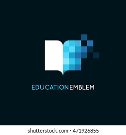 Vector abstract logo design template - online education and learning concept - book icon and pixels - emblem for courses, classes and schools