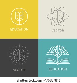 Vector abstract logo design template - online education and learning concept - book emblem and brain icons for courses, classes and schools