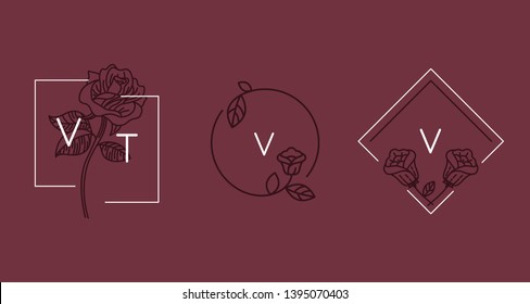 Vector abstract logo design templates in trendy linear minimal style - rose flowers and frames with copy space - symbols for cosmetics, jewellery, beauty and handmade products, tattoo studios 