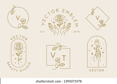 Vector abstract logo design templates in trendy linear minimal style - hands with rose - symbols for cosmetics, jewellery, beauty and handmade products, tattoo studios 