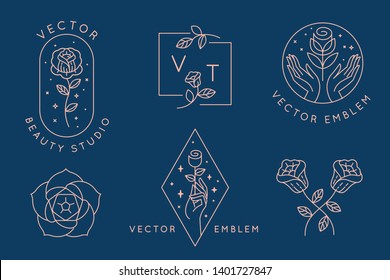 Vector abstract logo design templates in trendy linear minimal style - hands with rose - symbols for cosmetics, jewellery, beauty and handmade products, tattoo studios 
