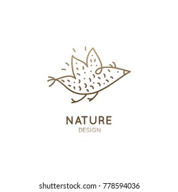 Vector abstract logo of flying bird. Minimal icon of sparrow in linear style. Simple outline emblem for business identity, badge for a travel, tourism, freedom, ecology concepts, health, yoga Center