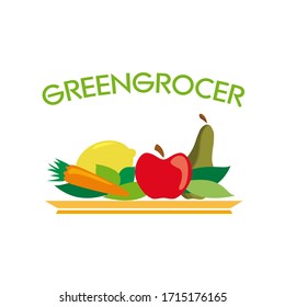 Vector abstract logo greengrocer. Apple, pear, carrot and limon