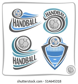 Vector abstract logo Handball Ball, decoration sign sports club, simple ball flying on blue court floor above net, set isolated sporting cup equipment icon, flat design concept handball school blazon.