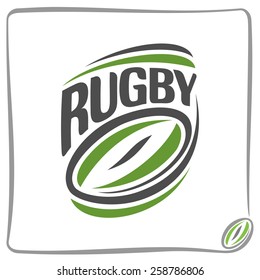 Vector abstract logo icon for rugby ball closeup on white background with inscription rugby 