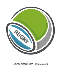 Vector abstract logo icon for text, notes, title blue rugby ball closeup on white background with inscription rugby 