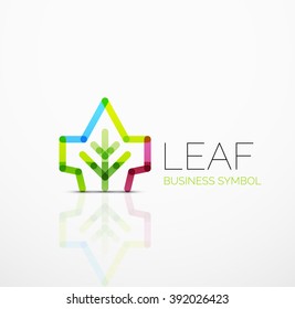 Idea de logotipo abstracto vectorial, hoja ecológica, planta natural, icono de negocio de concepto verde. Plantilla de diseño de logotipo creativo hecha de segmentos de línea multicolor superpuestos