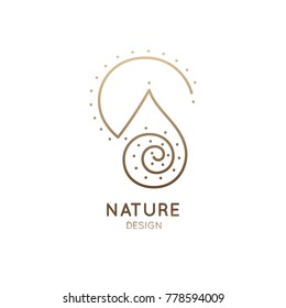 Vector abstract logo of nature. Linear round icon of simple landscape with mountain, river, sun. Minimal logotype for business emblems, badge for travel, tourism, ecology concepts, health,yoga Center