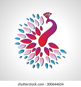 Vector abstract logo of rainbow colored bird peacock with crown on background