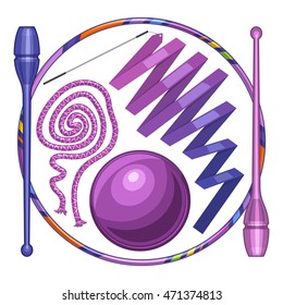 Vector abstract logo for rhythmic gymnastics consisting of purple ribbon with handle, lilac skipping rope cord, blue clubs and gymnastic ball, hula hoop. Decorative sports equipment.