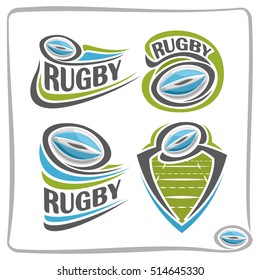 Vector abstract logo Rugby Ball, decoration sign sports club, simple line oval blue ball flying above summer green field in goal gate, isolated sporting icon on white, flat design rugby school blazon.