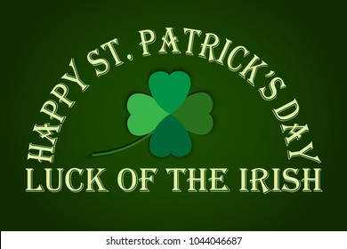 Vector abstract logo for St. Patrick's Day on Shamrock background, irish Clover composition, label saint patrick day on shamrock leaf backdrop, green clover foliage