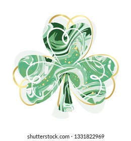 Vector abstract logo for St. Patrick's Day on Shamrock background, irish Clover  with label saint patrick day on shamrock leaf pattern backdrop. trendy marble and gold texture. eps 10