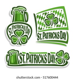 Vector abstract logo for St. Patrick's Day fest with Shamrock, Clover sign with green beer mug, on flag saint patrick day shamrock leaf and harlequin rhomb pattern, banner with tankard ale and clover.