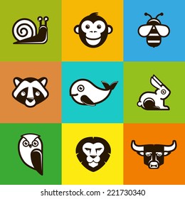 Vector abstract logo symbols in trendy flat style - lion, bull, monkey, raccoon