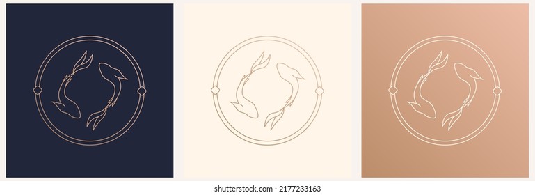 Vector abstract logo template in trendy linear minimal style - two fish, yin and yang - abstract symbol for cosmetics and packaging, jewelry, handicrafts or beauty products