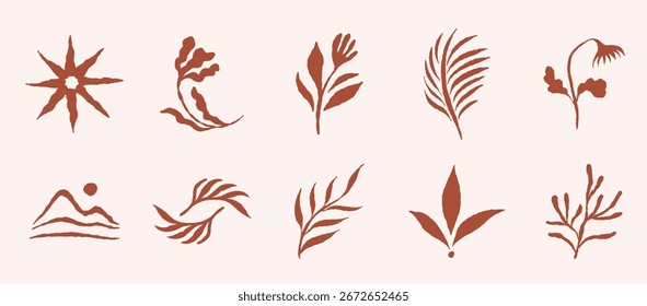 Vector Plantillas abstractas del logotipo, iconos y símbolos, impresiones de arte con Formas mínimas en tinta ondulada floral tosco dibujado a mano estilo ingenuo, cubierta, embalaje, Plantillas de diseño de marca