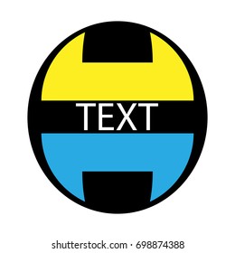 Vector abstract logo of two geometric figures of yellow and blue color arranged on top of each other against the background of a black ellipse with a white word text.
