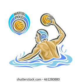 Vector Abstract Logo For Water Polo, Player Throw Ball In Goal, Attacking Swimmer Shot Yellow Polo Ball In Gate, Sportsman In Pool With Blue Water Waves And Splash Gives Pass, Waterpolo Equipment.