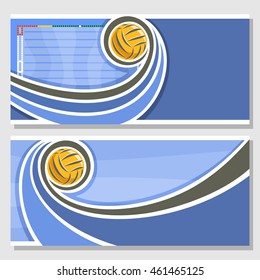 Vector abstract logo for Water Polo Ball, blue horizontal banners for text info title with swimming pool liquid waves and waterpolo equipment yellow water polo ball. Invitation ticket to sports arena