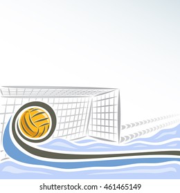 Vector Abstract Logo For Water Polo For Text Info Title, Consisting Of Swimming Pool Water Sports Arena With Blue Waves And Waterpolo Equipment Yellow Polo Ball Flying On Trajectory In Net Gate Goal.