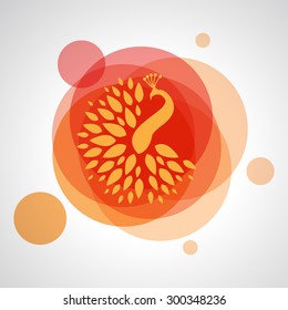 Vector abstract logo of yellow silhouette bird peacock on background from red circles