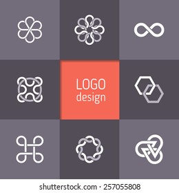 Vector abstract logotypes. Infinity symbols, intertwining circles, triangular and hexagonal templates, elegant abstract symbols. Modern minimalist elements for branding and logo design