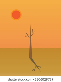 A vector of abstract lonely tree in the land and hot sun. Global warming and climate change concept.