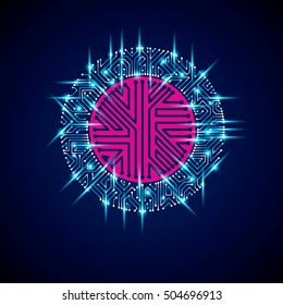 Vector abstract luminescent technology illustration, round blue neon circuit board with sparkles. High tech circular digital scheme of electronic device.