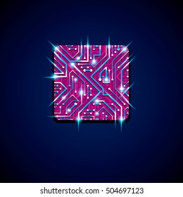 Ilustración de tecnología luminiscente abstracta vectorial, placa de circuito de neón azul redondo con chispas. Esquema digital circular de alta tecnología de dispositivo electrónico.