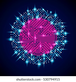 Vector abstract luminescent technology illustration, round blue neon circuit board with sparkles. High tech circular digital scheme of electronic device.