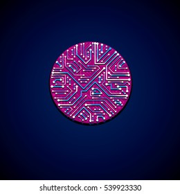 Vector abstract luminescent technology illustration, round magenta circuit board with sparkles. High tech circular digital scheme of electronic device.