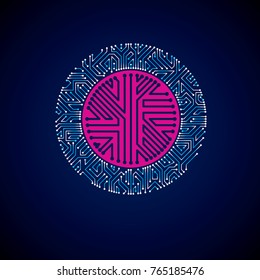 Vector abstract luminescent technology illustration, round blue neon circuit board. High tech circular digital scheme of electronic device.