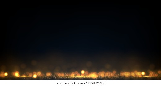 Vector abstract luxury background with defocused gold glitter dust texture. Blurred glowing lights, sparkling glittering effect, festive backdrop with golden particles on black.