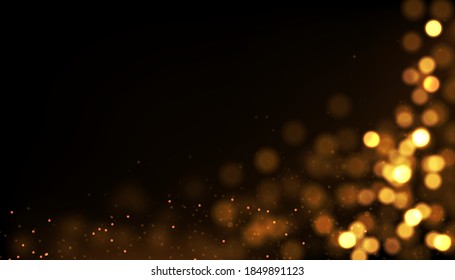 Vector de fondo de lujo abstracto con oro brillando en negro. Textura de bokeh brillante, luces amarillas borrosas. 