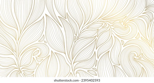 Vector abstract luxury background, gold line floral wallpaper, leaves texture. Golden botanical modern, art deco pattern, elegant foliage wavy ornament. 