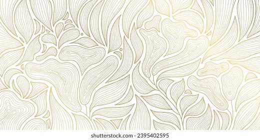 Vector abstract luxury background, gold line floral wallpaper, leaves texture. Golden botanical modern, art deco pattern, elegant foliage wavy ornament. 