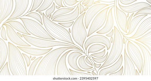 Vector abstract luxury background, gold line floral wallpaper, leaves texture. Golden botanical modern, art deco pattern, elegant foliage wavy ornament. 
